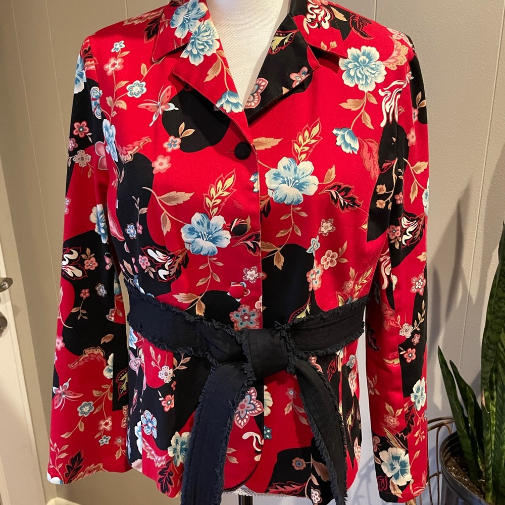 Belted floral Oriental design blazer
